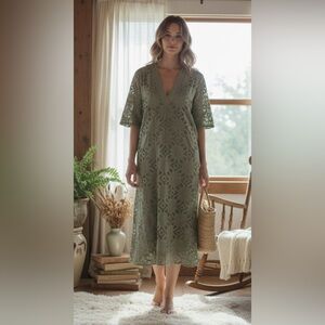 NWOT Zara Openwork Embroidered Kaftan Dress Sage Green Size XS.